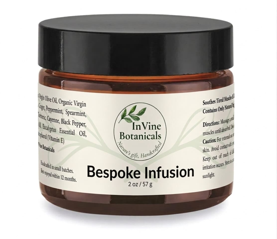 InVine Botanicals Bespoke Herbal Infusion — made-to-order whole-herb balm in amber glass jar, handcrafted in Tallahassee, Florida