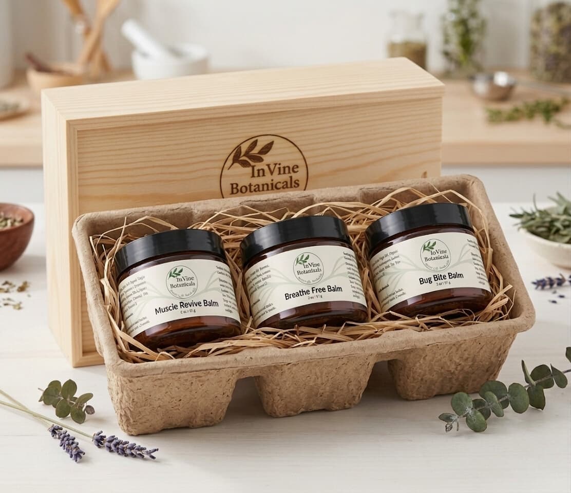 InVine Botanicals Premium Herbal Balm Gift Set — Bug Bite, Breathe Free, and Muscle Revive balms in amber glass jars, handcrafted in Florida