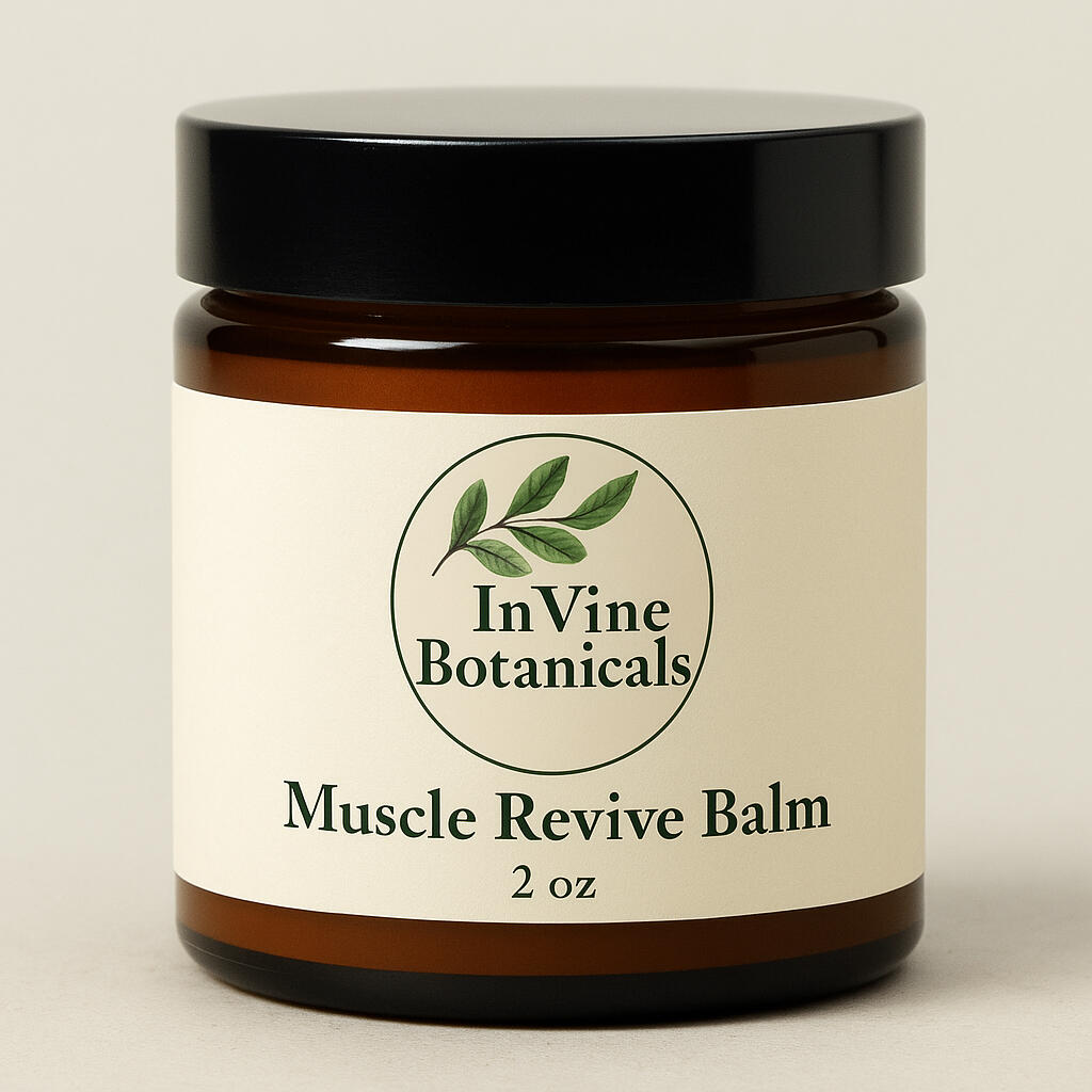 InVine Muscle Revive Balm handcrafted with ginger, mint, and cayenne for sore muscles